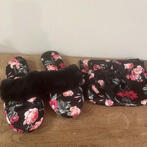 Victoria's Secret Floral Satin Faux Fur Slide Slippers w/ Matching Dust Bag Sz L